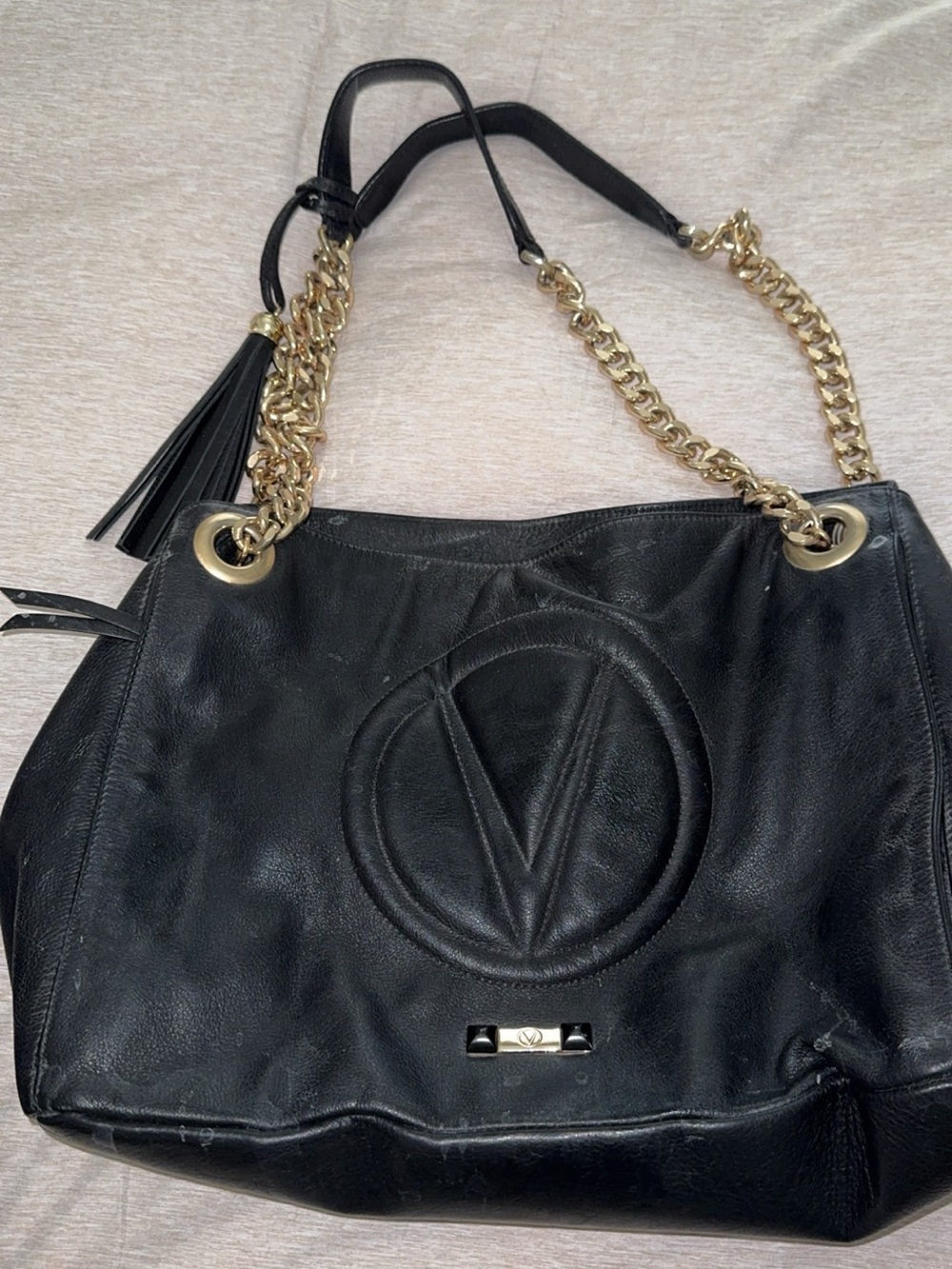 Valentino Black Leather Shoulder Bag with Gold Chain Straps
